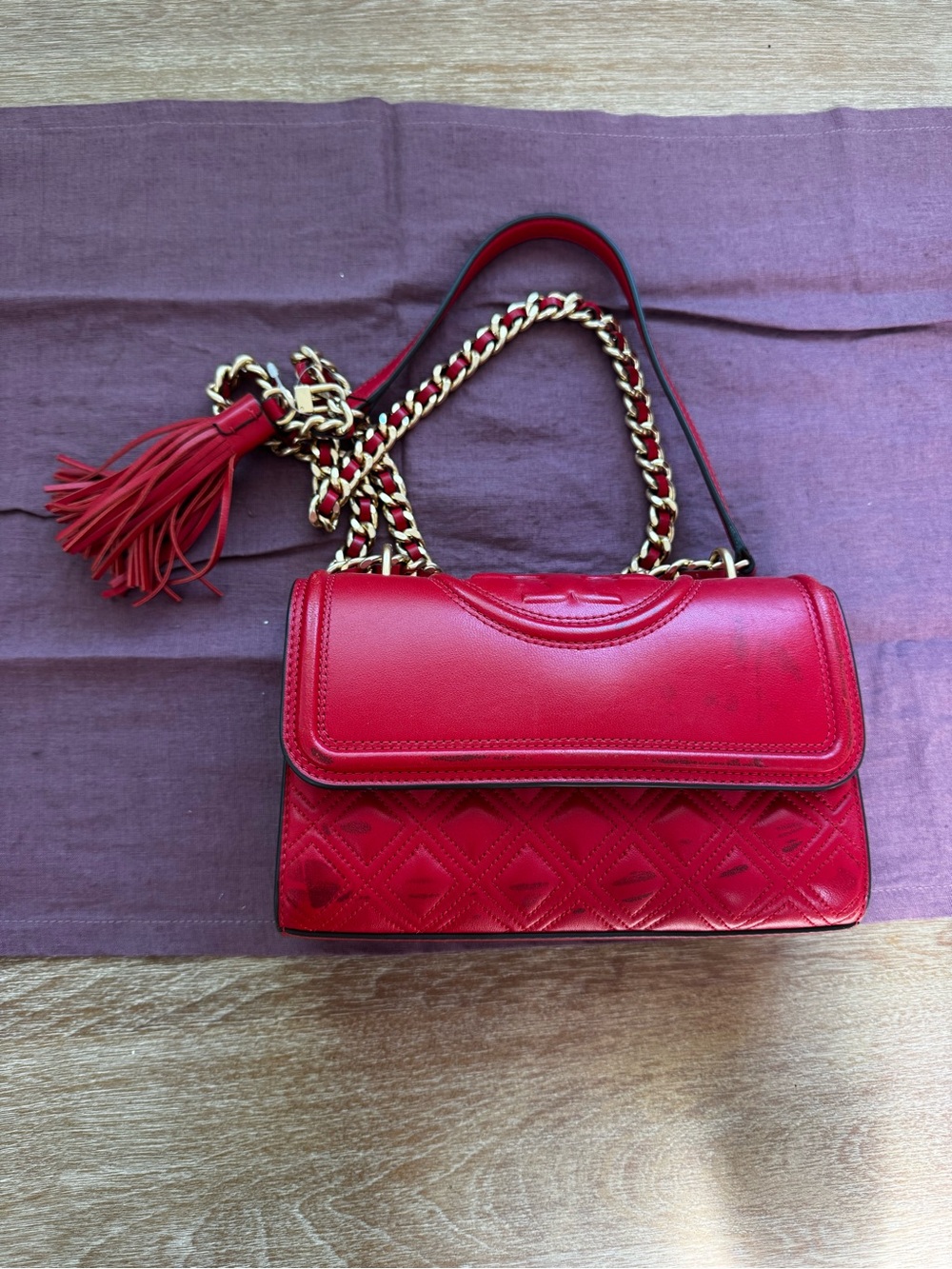 Tory Burch Red Quilted Leather Chain Crossbody with Tassel Accent